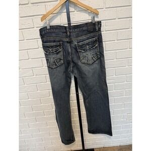 Helix Distressed Flap Pocket Jeans Mens 36x32 Y2K Grunge Dark Wash Denim